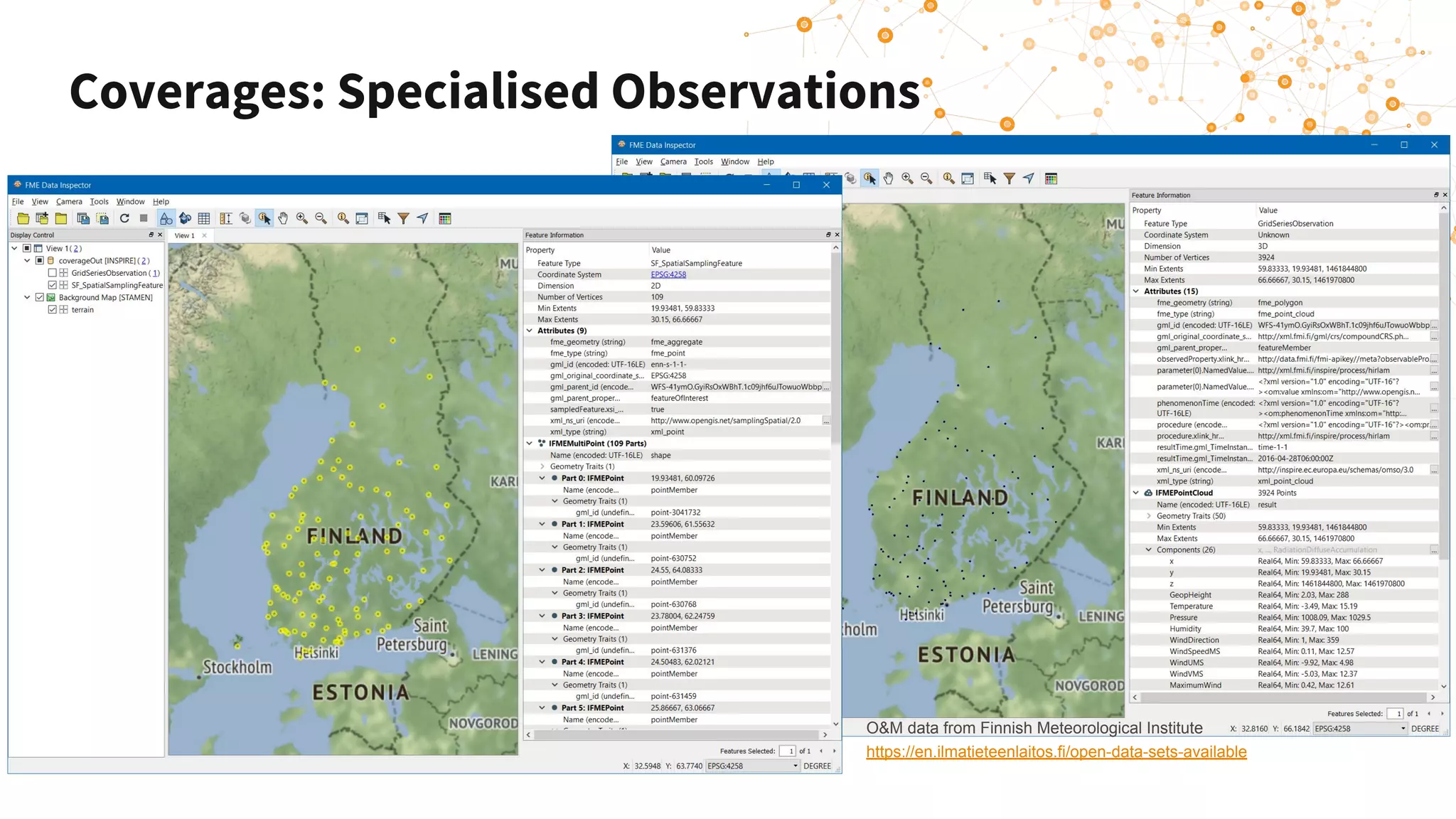 Coverages: Specialised Observations
O&M data from Finnish Meteorological Institute
https://en.ilmatieteenlaitos.fi/open-data-sets-available
 