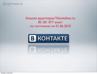 Анализ аудитории Vkontakte.ru
                               85 281 877 анкет
                          по состоянию на 01.06.2010




Thursday, 3 June 2010
 