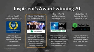 Copyright
©
2022
by
Inspirient
GmbH.
All
rights
reserved.
Won inaugural
BARC Startup Award
for analytics and data
management
Presentation available online
Won group-level
BNP Paribas Hackathon
for intl. integration and
scalability of our fraud
prevention solution
Press release available online
Only German startup in
Top 10 of NATO Allied
Command Transformation
(ACT) innovation chal-
lenge on data analysis
Press release available online
Top 10 in Deloitte’s
RegTech Universe for
compliance work in
cyber fraud and AML1
Full list available online
28
Inspirient’s Award-winning AI
Winner BARC
Startup Award 2016
Winner BNP Paribas
Intl. Hackathon 2017
Top 10 NATO
ACT Innovation
Challenge 2018
Global Top 10
Deloitte RegTech
Universe 2019
INNOVATION HUB
1. Anti-Money Laundering
31.05.2022
 