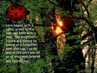 Love begins with a smile, grows with a kiss and ends with a tear. The brightest future will always be based on a forgotten past, you can't go on well in life until you let go of your pastfailures and heartaches.   Love is a bug 