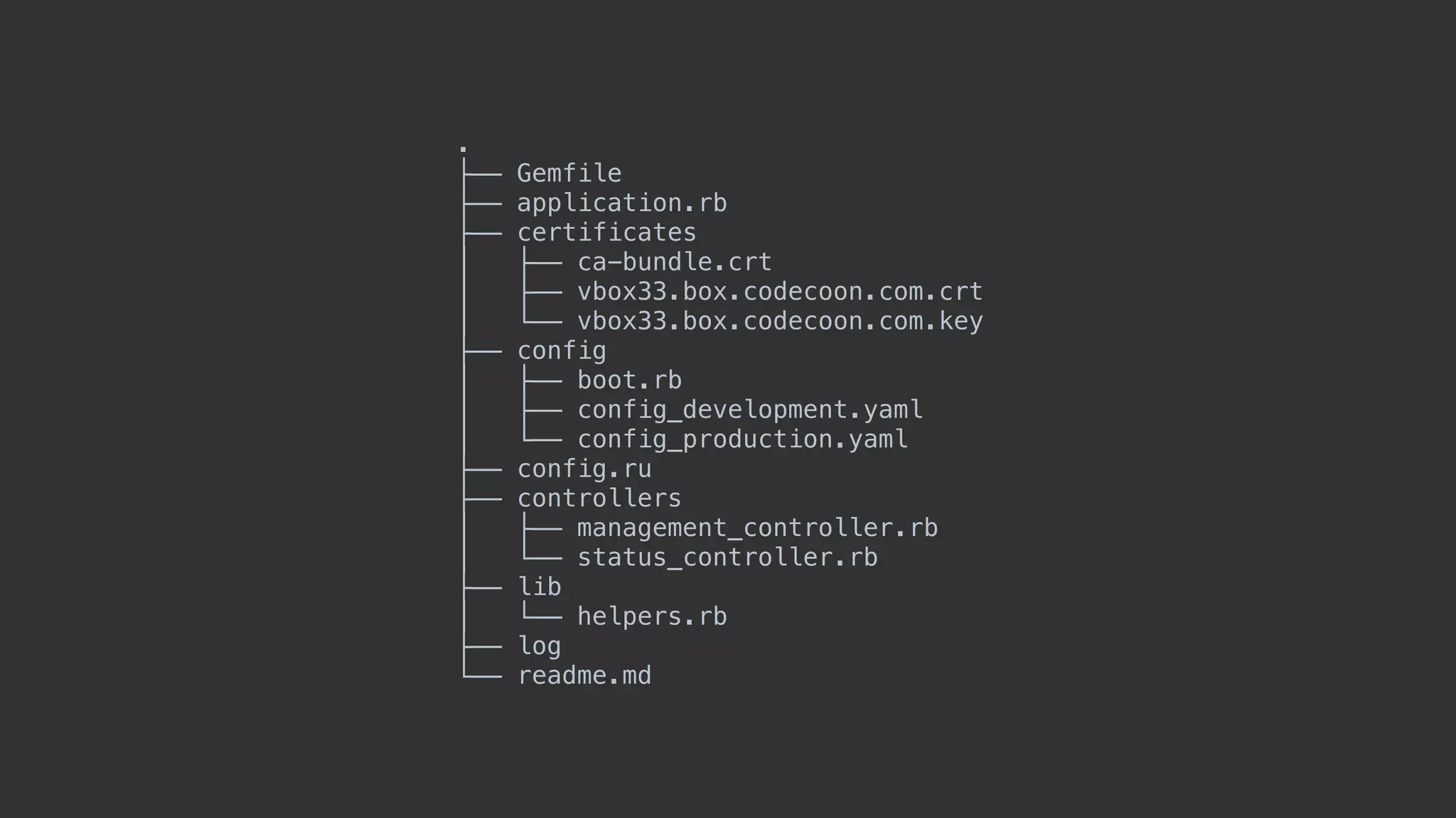 .
├── Gemfile
├── application.rb
├── certificates
│   ├── ca-bundle.crt
│   ├── vbox33.box.codecoon.com.crt
│   └── vbox33.box.codecoon.com.key
├── config
│   ├── boot.rb
│   ├── config_development.yaml
│   └── config_production.yaml
├── config.ru
├── controllers
│   ├── management_controller.rb
│   └── status_controller.rb
├── lib
│   └── helpers.rb
├── log
└── readme.md
 