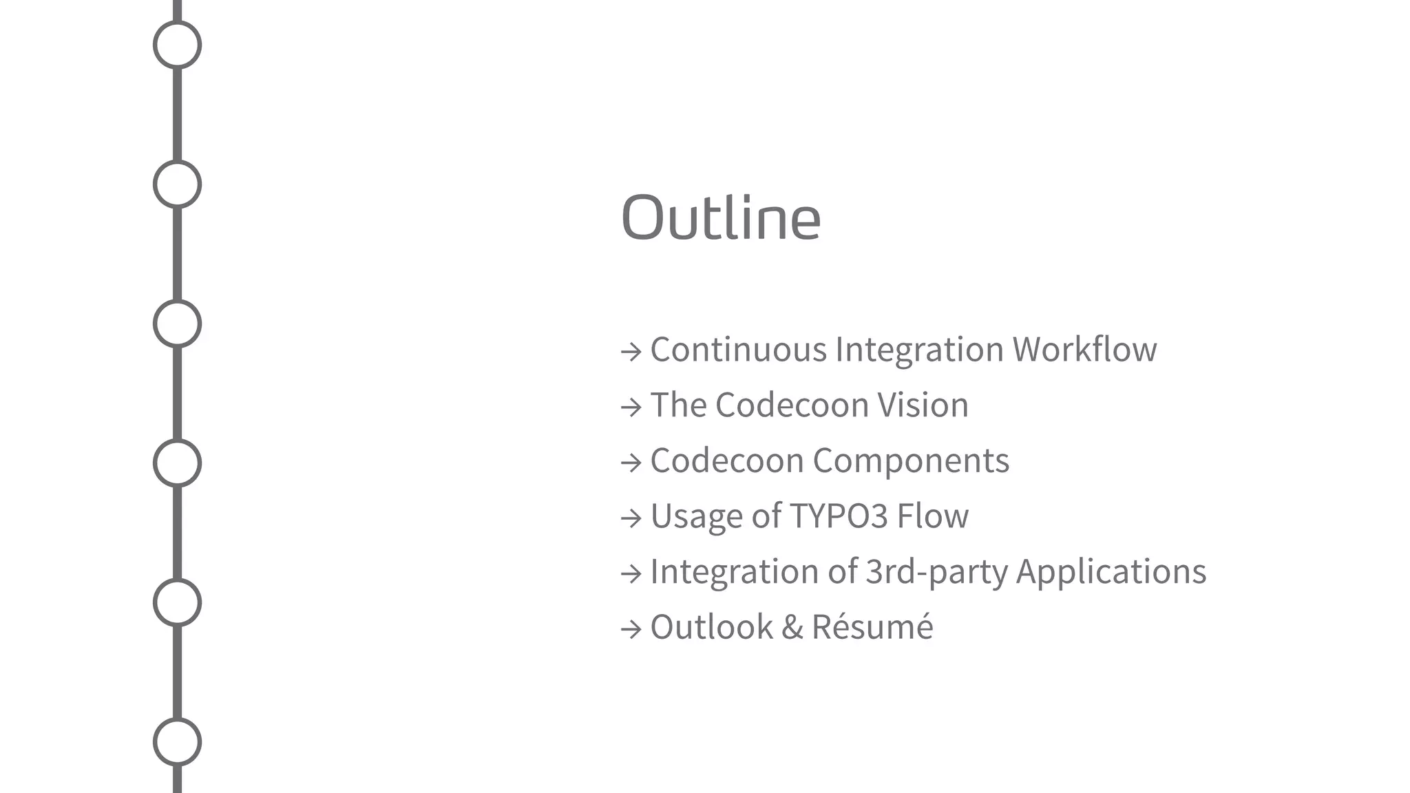 Outline
→ Continuous Integration Workflow
→ The Codecoon Vision
→ Codecoon Components
→ Usage of TYPO3 Flow
→ Integration of 3rd-party Applications
→ Outlook & Résumé
 