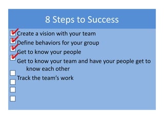 8 Steps to Success<br />Create a vision with your team<br />Define behaviors for your group <br />Get to know your people ...