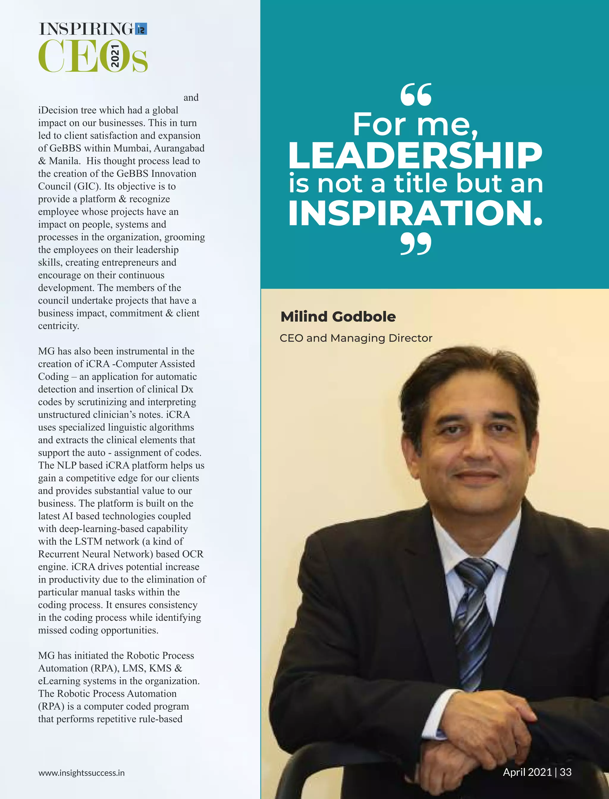 www.insightssuccess.in April 2021 | 33
 