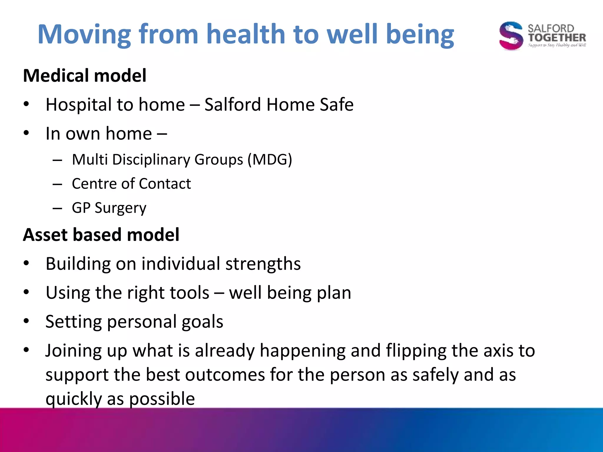 Moving from health to well being
Medical model
• Hospital to home – Salford Home Safe
• In own home –
– Multi Disciplinary Groups (MDG)
– Centre of Contact
– GP Surgery
Asset based model
• Building on individual strengths
• Using the right tools – well being plan
• Setting personal goals
• Joining up what is already happening and flipping the axis to
support the best outcomes for the person as safely and as
quickly as possible
 