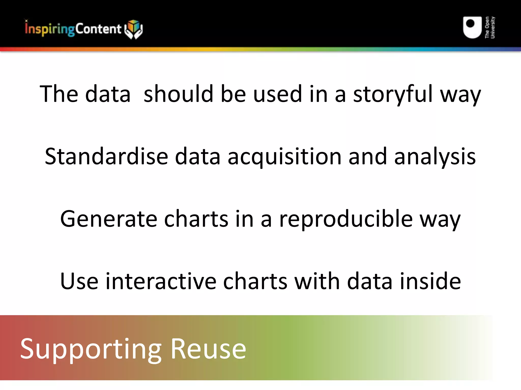 The data should be used in a storyful way 
Standardise data acquisition and analysis 
Generate charts in a reproducible way 
Use interactive charts with data inside 
Supporting Reuse 
