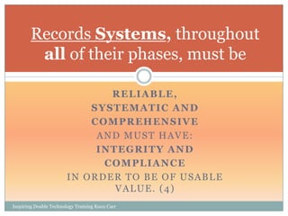 Records Systems, throughout
         all of their phases, must be

                               RELIABLE,
                            SYSTEMATIC AND
                            COMPREHENSIVE
                             AND MUST HAVE:
                             INTEGRITY AND
                              COMPLIANCE
                        IN ORDER TO BE OF USABLE
                                VALUE. (4)
Inspiring Doable Technology Training Knox Carr
 