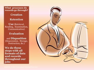 What processes do
 records go through?

        Creation
       Retention
      Use (Retrieval,
 Reading, Examination,
    Communication)

      Evaluation
  and Disposition
 (Deaccession, Storage,
   Destruction, &c.)

 We do these
 steps with all
 formats of data
 and records
 throughout our
 jobs
Inspiring Doable Technology Training Knox Carr
 