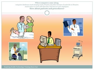 When computers came along,
               computer databases made keeping track of books and other formats of materials in libraries
                           much easier to work with than they had been in card catalogues.
                                   How about patients and procedures?




Inspiring Doable Technology Training Knox Carr
 