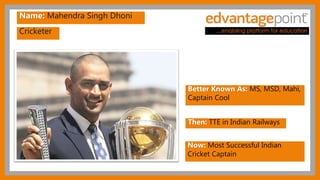 Cricketer
Name: Mahendra Singh Dhoni
Better Known As: MS, MSD, Mahi,
Captain Cool
Then: TTE in Indian Railways
Now: Most Successful Indian
Cricket Captain
 