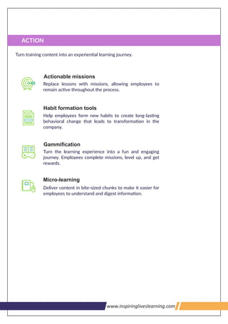 $ACTION
Actionable missions
Habit formation tools
Micro-learning
Gammiﬁcation
>>>U1@7<'9;U$3www.inspiringliveslearning.com
 