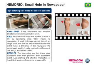 Eye-catching hole made the concept concrete
HEMORIO: Small Hole In Newspaper
: Raise awareness and increase
blood donations during donation week.
: Emphasize on how little it takes to save a
life by translating what “little” means to
newspaper. A small hole was pierced through an
image of an arm with an explanation that the hole
didn‟t make a difference in the newspaper the
same way it wouldn‟t make much of a difference if
one will go and donate blood.
: This campaign was ten times more
successful than their previous most successful
event. Eye-catching and effective translation of
how little it requires of someone to save a life.
 