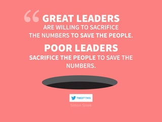 Simon Sinek
GREAT LEADERS
ARE WILLING TO SACRIFICE
THE NUMBERS TO SAVE THE PEOPLE.
POOR LEADERS
SACRIFICE THE PEOPLE TO SAVE THE
NUMBERS.
TWEET THIS
 