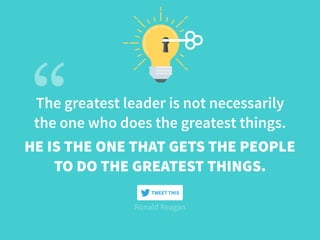 The greatest leader is not necessarily
the one who does the greatest things.
Ronald Reagan
HE IS THE ONE THAT GETS THE PEOPLE
TO DO THE GREATEST THINGS.
TWEET THIS
 