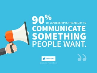 Dianne Feinstein
COMMUNICATE
OF LEADERSHIP IS THE ABILITY TO90%
SOMETHING
PEOPLE WANT.
TWEET THIS
 