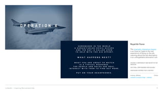 4LinkedIn › Inspiring Recruitment Ads
Royal Air Force
The cinematic, interactive mission
is as close as it gets to the real
experience of being on the job.
Learning about the job description
is an unforgettable adrenaline rush.
EXUDES CONFIDENCE AND BELIEF IN THE
MISSION
EXCITING, EMPOWERING MESSAGING
ENGAGING INTERACTIVE CONTENT
Industry: Military
LinkedIn Company Page | website
Online
 