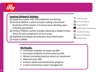 Inspiring Software’s Solution:
      Equip the roaster with 24H predictive monitoring
      Perform FMECA 1 which includes making a functional
        dissection of the roaster in 4 macro areas deciding upon
        criticality parameters
      Perform FMECA 2 which includes obtaining a Global Critical
        Value for each component of the 4 areas
      Digitalize and display all necessary asset information
      Install a CMMS


               The Results:
                Increased reliability of roaster by 66%
                Increased reliability of entire plant by 50%
                Almost immediate positive return on investment
                Reduced costs 20%
                A leaner plant and maintenance program
                A more autonomous lower management

25
 