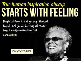 True human inspiration always

starts with feeling
People  will  forget  what  you  say.    They  will  
forget  what  you  do,  but  they  will  never  
forget  how  you  make  them  feel.

Maya Angelou

HOW DO WE DO THIS?

 