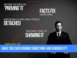 BECOME FOCUSED ON

‘PRoving’ It

FACTS FIX
EVERYTHING

EMOTIONALLY AND ANALYTICALLY

DETACHED

TEACHING LOSES TO

SHOWING It
EMPHASIZE THE

HAVE YOU EVER KNOWN SOMETHING AND IGNORED IT?
WRONG HEROES

 