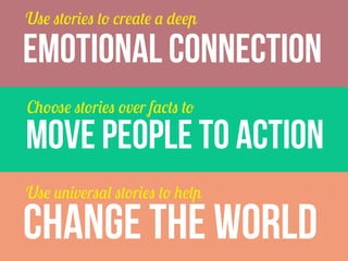 Use stories to create a deep

EMOTIONAL CONNECTION
Choose stories over facts to

MOVE PEOPLE TO ACTION
Use universal stories to help

CHANGE THE WORLD

 