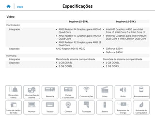 Especificações
Visão
Informações do
sistema
Memória
Portas
e conectores
Dimensões
e Peso
Ambiente do
Computador
Armazenamento
Touchpad
Adaptador de
energia
Câmera
Comunicações
Bateria
Video Áudio
Monitor
Leitor de cartão
de mídia
Teclado
Video
Inspiron 15-3541 Inspiron 15-3542
Controlador:
Integrado • AMD Radeon R4 Graphics para AMD A6
Quad Core
• AMD Radeon R3 Graphics para AMD A4
Quad Core
• AMD Radeon R2 Graphics para AMD E1
Dual Core
• Intel HD Graphics 4400 para Intel
Core i7, Intel Core i5 e Intel Core i3
• Intel HD Graphics para Intel Pentium
Dual Core e Intel Celeron Dual Core
Separado AMD Radeon HD R5 M230 • GeForce 820M
• GeForce 840M
Memória:
Integrado Memória de sistema compartilhada Memória de sistema compartilhada
Separado • 1 GB DDR3L
• 2 GB DDR3L
• 1 GB DDR3L
• 2 GB DDR3L
 