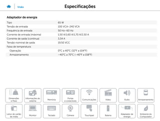 Especificações
Visão
Informações do
sistema
Memória
Portas
e conectores
Dimensões
e Peso
Ambiente do
Computador
Armazenamento
Touchpad
Adaptador de
energia
Câmera
Comunicações
Bateria
Video Áudio
Monitor
Leitor de cartão
de mídia
Teclado
Adaptador de energia
Tipo 65 W
Tensão de entrada 100 VCA–240 VCA
Frequência de entrada 50 Hz–60 Hz
Corrente de entrada (máxima) 1,50 A/1,60 A/1,70 A/2,50 A
Corrente de saída (contínua) 3,34 A
Tensão nominal de saída 19,50 VCC
Faixa de temperatura:
Operação 0°C a 40°C (32°F a 104°F)
Armazenamento –40°C a 70°C (–40°F a 158°F)
 