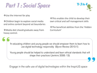 Part 1 : Social Space                                                   Yr 3 to 4


Use the Internet for play
                                              This enables the child to develop their
Children begin to explore social media       own critical and self management skills
and online content beyond set boundaries
                                              The beneficial abilities from the ‘Hidden
Media diet should graduate away from         Curriculum’
heavy control.



      ‘In educating children and young people we should empower them to learn how to
                  use digital technology responsibly (Byron Review 2010:1).

      Young people should be helped to understand and learn ethical standards that will
                         shape their practices (Jenkins 2006: 13).



     Engage in the safe use of digital technologies within the InspirUS space
 