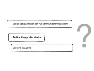 ?
Vad ?r sociala medier och hur kommunicerar man i dom




Twittra, blogga eller chatta



Var ?nns pengarna
 