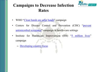 Campaigns to Decrease Infection
Rates
• WHO “Clean hands are safer hands” campaign
• Centers for Disease Control and Prevention (CDC) “prevent
antimicrobial resistance” campaign in health-care settings
• Institute for Healthcare Improvement (IHI) “5 million lives”
campaign
– Developing country focus
 