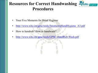 Resources for Correct Handwashing
Procedures
• Your Five Moments for Hand Hygiene
• http://www.who.int/gpsc/tools/5momentsHandHygiene_A3.pdf
• How to handrub? How to handwash?
• http://www.who.int/gpsc/tools/GPSC-HandRub-Wash.pdf
 