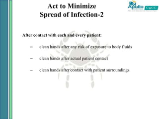 Act to Minimize
Spread of Infection-2
After contact with each and every patient:
– clean hands after any risk of exposure to body fluids
– clean hands after actual patient contact
– clean hands after contact with patient surroundings
 