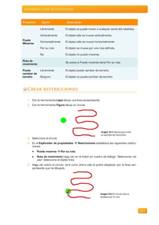 Inspírate con ActivInspire



Propiedad       Opción              Descripción

               Libremente          El objeto se puede mover a cualquier parte del rotafolios.

               Verticalmente       El objeto sólo se mueve verticalmente,
Puede
               Horizontalmente     El objeto sólo se mueve horizontalmente.
Moverse
               Por su ruta         El objeto se mueve por una ruta definida.

               No                  El objeto no puede moverse.

Ruta de
                                   Se activa si Puede moverse tiene Por su ruta
movimiento

Puede          Libremente          El objeto puede cambiar de tamaño.
cambiar de
tamaño         Ninguno             El objeto no puede cambiar de tamaño.



   Crear restricciones

   1. Con la herramienta Lápiz dibuje una línea serpenteante.
   2. Con la herramienta Figura dibuje un círculo.




                                                                 Imagen 14.1 Figuras para crear
                                                                 un ejemplo de restricción.
   3. Seleccione el círculo.
   4. En el Explorador de propiedades  Restricciones establezca las siguientes restric-
      ciones:
      •      Puede moverse  Por su ruta.
      •      Ruta de movimiento haga clic en el botón en cuadro de diálogo “Seleccionar ob-
             jeto”. Seleccione el objeto línea.
   5. Haga clic sobre el círculo, verá como ahora sólo lo podrá desplazar por la línea ser-
      penteante que ha dibujado.




                                                                 Imagen 14.2 El círculo sólo se
                                                                 desplaza por la ruta




                                                                                                  113
 
