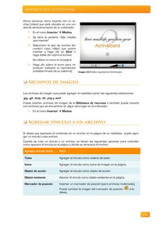 Inspírate con ActivInspire


Ahora veremos cómo hacerlo con un ar-
chivo (vídeo) que esté ubicado en una uni-
dad de almacenamiento de su ordenador.
    1. En el menú Insertar  Medios.
    2. Se abre la ventana “Elija medios
       que insertar”
    3. Seleccione el tipo de archivo (en
       nuestro caso, vídeo) que quiere
       insertar y haga clic en Abrir o
       haga doble clic sobre el archivo.
         Se coloca un icono en la página.
    4. Haga clic sobre el icono para re-
       producir (utilizará el reproductor
       predeterminado de su sistema).     Imagen 19.2 Vídeo reproductor ActivInspire.



    Archivos de Imagen

Los archivos de imagen que puede agregar al rotafolios tienen las siguientes extensiones:
.jpg, .gif, .bmp, .tif, .png y .wmf
Puede insertar archivos de imagen de la Biblioteca de recursos o también puede hacerlo
con archivos que se encuentren en algún otro lugar en el ordenador.
    1. En el menú Insertar  Medios.


    Agregar vínculo a un archivo

Si desea que aparezca el contenido de un archivo en la página de su rotafolios puede agre-
gar un vínculo a ese archivo.
Cuando se crea un vínculo a un archivo, se tienen las siguientes opciones para controlar
cómo aparece el vínculo en la página y dónde se almacena el archivo:

 Agregar vínculo como...         Para

 Texto                           Agregar el vínculo como cadena de texto.

 Icono                           Agregar el vínculo como icono de imagen en la página.

 Objeto de acción                Agregar el vínculo como objeto de acción.

 Objeto existente                Asociar el vínculo como objeto existente en la página.

 Marcador de posición            Insertar un marcador de posición (para archivos multimedia).
                                 Puede cambiar la imagen del marcador de posición         si lo
                                 desea.




                                                                                                  135
 