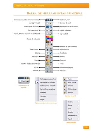 Inspírate con ActivInspire



                   Barra de herramientas principal

Opciones de cuadro de herramientas                                   ContraerFijar
                       Menú principal                                Cambiar de perfil

               Anotar en el escritorio                               Herramientas de escritorio

                      Página anterior                                Página siguiente

Iniciardetener votación de rotafolios                               Express Poll


                    Paleta de colores



                                                                     Selector de ancho de lápiz
                          Seleccionar                                Herramientas

                                 Lápiz                               Resaltador

                             Borrador                                Relleno

                                Figura                               Conector

          Insertar medios de archivo                                 Texto

                               Borrar                                Restablecer página
                            Deshacer                                 Rehacer




       Barra después de
           contraer




                                                                               Cambiar de perfil



                                 Opciones de barra de herramientas




                                                                                Menú principal


                                                                                                   234
 