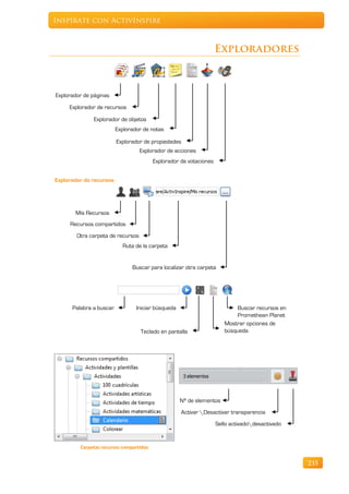 Inspírate con ActivInspire



                                                                    Exploradores



Explorador de páginas

     Explorador de recursos

              Explorador de objetos
                         Explorador de notas

                         Explorador de propiedades
                                   Explorador de acciones
                                         Explorador de votaciones


Explorador de recursos




       Mis Recursos
     Recursos compartidos
        Otra carpeta de recursos
                           Ruta de la carpeta


                               Buscar para localizar otra carpeta




      Palabra a buscar           Iniciar búsqueda                          Buscar recursos en
                                                                           Promethean Planet
                                                                       Mostrar opciones de
                                   Teclado en pantalla                 búsqueda




                                                    Nº de elementos
                                                    Activar Desactivar transparencia
                                                                    Sello activadodesactivado


         Carpetas recursos compartidos


                                                                                                 235
 