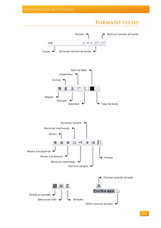 Inspírate con ActivInspire



                                                                  Formato texto

                                                Tamaño                       Disminuir tamaño de fuente




               Fuente            Aumentar tamaño de fuente




                                             Color de texto
                                 Superíndice

                           Cursiva




                 Negrita
                               Subrayar
                                           Subíndice                    Color de fondo




                                     Aumentar sangría
                 Aumentar interlineado

                     Centro




 Alinear a la izquierda
             Alinear a la derecha                                         Viñetas
                          Disminuir interlineado
                                          Disminuir sangría



                                                                          Cambiar posición de texto




  Teclado en pantalla
          Seleccionar todo                     Símbolos
                                                          Definir anchura de texto


                                                                                                          236
 