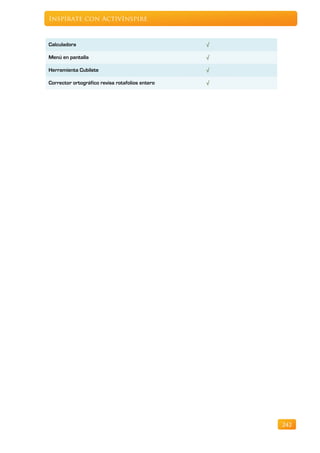 Inspírate con ActivInspire


Calculadora                                      √

Menú en pantalla                                 √

Herramienta Cubilete                             √

Corrector ortográfico revisa rotafolios entero   √




                                                     242
 