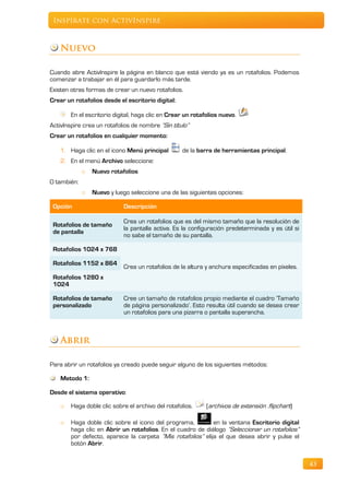 Inspírate con ActivInspire



    Nuevo

Cuando abre ActivInspire la página en blanco que está viendo ya es un rotafolios. Podemos
comenzar a trabajar en él para guardarlo más tarde.
Existen otras formas de crear un nuevo rotafolios.
Crear un rotafolios desde el escritorio digital:

        En el escritorio digital, haga clic en Crear un rotafolios nuevo.
ActivInspire crea un rotafolios de nombre “Sin título”
Crear un rotafolios en cualquier momento:

    1. Haga clic en el icono Menú principal        de la barra de herramientas principal.
    2. En el menú Archivo seleccione:
             o   Nuevo rotafolios
O también:
             o   Nuevo y luego seleccione una de las siguientes opciones:

 Opción                     Descripción

                            Crea un rotafolios que es del mismo tamaño que la resolución de
 Rotafolios de tamaño
                            la pantalla activa. Es la configuración predeterminada y es útil si
 de pantalla
                            no sabe el tamaño de su pantalla.

 Rotafolios 1024 x 768

 Rotafolios 1152 x 864
                            Crea un rotafolios de la altura y anchura especificadas en píxeles.
 Rotafolios 1280 x
 1024

 Rotafolios de tamaño       Cree un tamaño de rotafolios propio mediante el cuadro ‘Tamaño
 personalizado              de página personalizado’. Esto resulta útil cuando se desea crear
                            un rotafolios para una pizarra o pantalla superancha.



    Abrir

Para abrir un rotafolios ya creado puede seguir alguno de los siguientes métodos:

    Metodo 1:

Desde el sistema operativo:

    o   Haga doble clic sobre el archivo del rotafolios.     (archivos de extensión .flipchart)

    o   Haga doble clic sobre el icono del programa,         en la ventana Escritorio digital
        haga clic en Abrir un rotafolios. En el cuadro de diálogo “Seleccionar un rotafolios“
        por defecto, aparece la carpeta “Mis rotafolios” elija el que desea abrir y pulse el
        botón Abrir.


                                                                                                  43
 