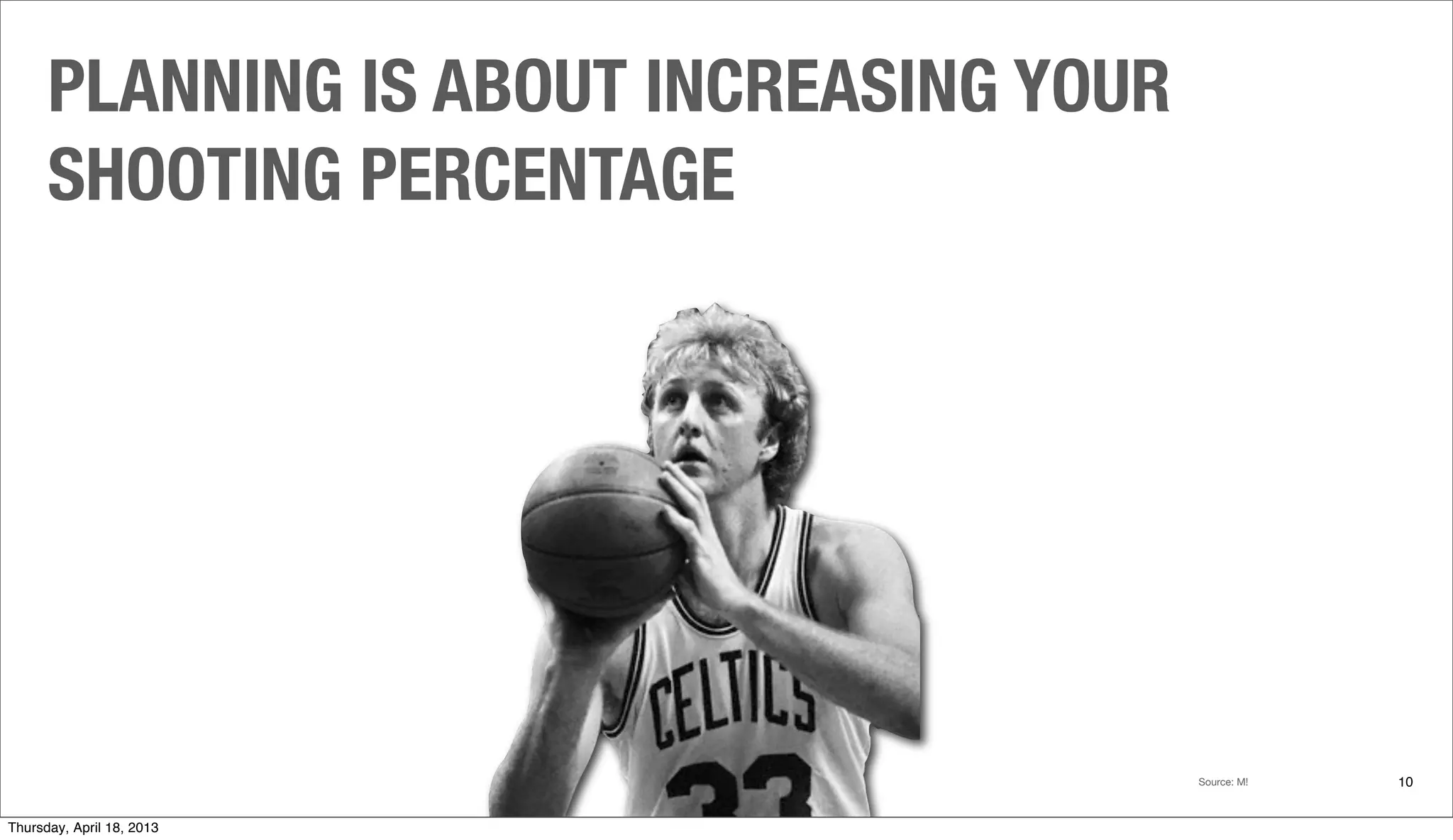 PLANNING IS ABOUT INCREASING YOUR
SHOOTING PERCENTAGE
10Source: M!
Thursday, April 18, 2013
 