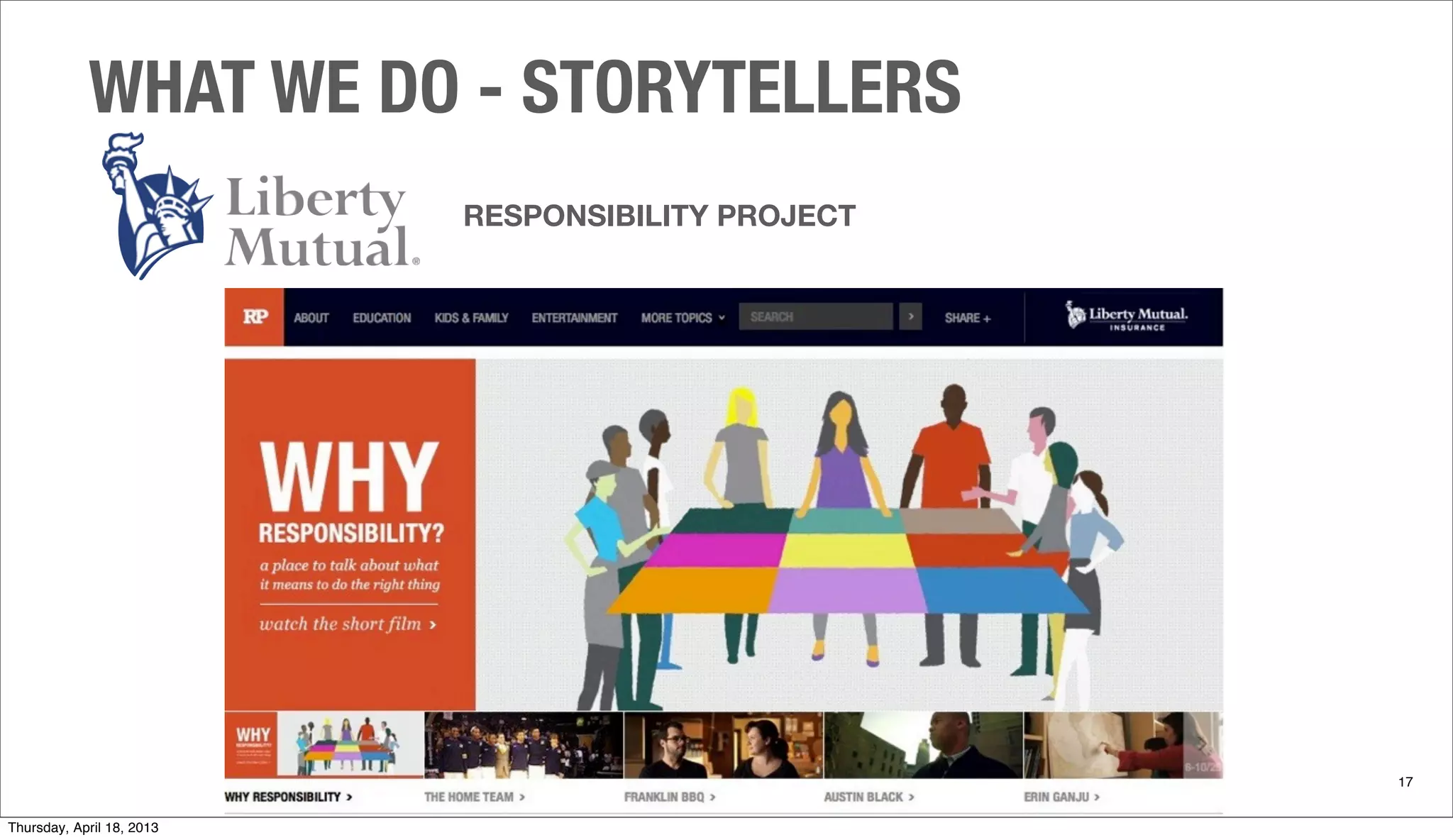 RESPONSIBILITY PROJECT
WHAT WE DO - STORYTELLERS
17
Thursday, April 18, 2013
 