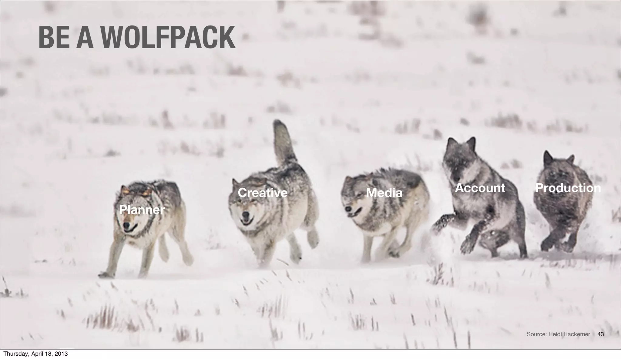 BE A WOLFPACK
43
Planner
Creative Media Account Production
Source: Heidi Hackemer
Thursday, April 18, 2013
 