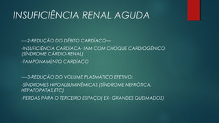 INSUFICIÊNCIA RENAL AGUDA
----2-REDUÇÃO DO DÉBITO CARDÍACO—
-INSUFICIÊNCIA CARDÍACA- IAM COM CHOQUE CARDIOGÊNICO
(SÍNDROME CÁRDIO-RENAL)
-TAMPONAMENTO CARDÍACO
----3-REDUÇÃO DO VOLUME PLASMÁTICO EFETIVO:
-SÍNDROMES HIPOALBUMINÊMICAS (SÍNDROME NEFRÓTICA,
HEPATOPATAS,ETC)
-PERDAS PARA O TERCEIRO ESPAÇO( EX- GRANDES QUEIMADOS)
 