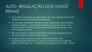 AUTO- REGULAÇÃO DOS VASOS
RENAIS
 Vasos Renais possuem um mecanismo de auto- regulação do fluxo
sanguíneo renal e da filtração glomerular
 NA redução da pressão arterial- ocorre à dilatação das arteríolas
aferentes renais – o que reduz a resistência vascular renal, com
consequente manutenção da taxa de filtração glomerular- e do
fluxo sanguíneo renal
 Esse mecanismo é capaz de manter a perfusão sanguínea renal
até uma pressão arterial de 80 mmHg
 Quando a PA cai abaixo desse limite o mecanismo de
autorregulação renal não é capaz de manter o fluxo sanguíneo
renal e a perfusão cai--- predispondo a isquemia e a ira pré - renal
 