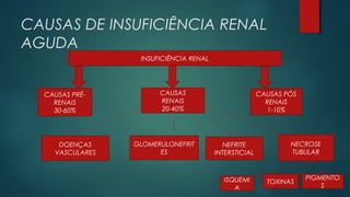 CAUSAS DE INSUFICIÊNCIA RENAL
AGUDA
PIGMENTO
S
CAUSAS PÓS
RENAIS
1-10%
CAUSAS
RENAIS
20-40%
CAUSAS PRÉ-
RENAIS
30-60%
NECROSE
TUBULAR
NEFRITE
INTERSTICIAL
DOENÇAS
VASCULARES
INSUFICIÊNCIA RENAL
TOXINASISQUEMI
A
GLOMERULONEFRIT
ES
 