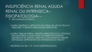 INSUFICIÊNCIA RENAL AGUDA
RENAL OU INTRÍNSECA–
FISIOPATOLOGIA---
 MECANISMOS DIVERSOS—
-- INJÚRIA ISQUÊMICA- DEPLEÇÃO NA FORMA DE ATP AS CÉLULAS
TUBULARES- A REGIÃO MEDULAR TEM MENOR P02
---INJÚRIA TUBULAR DIRETA- AGENTES NEFROTÓXICOS E CITOCINAS
INFLAMATÓRIAS A LESÃO PODE OCORRER EM DIVERSOS
SEGMENTOS DO SISTEMA TUBULAR E COM MAIOR OU MENOR
GRAVIDADE, DEPENDENDO DA INTENSIDADE DO INSULTO
---REVERSÃO DA IRA– 7 A 14 DIAS (REEPITELIZAÇÃO)
 