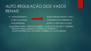 AUTO REGULAÇÃO DOS VASOS
RENAIS
 ANGIOTENSINA II AGEM PROMOVENDO VASO
CATECOLAMINAS CONSTRICÇÃO PERIFÉRICA,
VASOPRESSINA MODO A DESVIAR O FLUXO
SANGUÍNEO PARA ÓRGÃOS NOBRES ( CORAÇÃO,PULMÃO, CÉREBRO,
FÍGADO E RIM).QUANDO O ESTÍMULO É INTENSO, A
VASOCONSTRICÇÃO ACOMETE TAMBÉM OS VASOS RENAIS
 