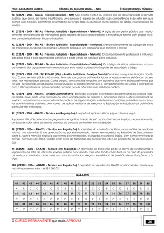 PROF. ALEXANDRE GOMES TÉCNICO DO SEGURO SOCIAL  INSS ÉTICA NO SERVIÇO PÚBLICO
O CURSO PERMANENTE que mais APROVA! 25
90. (CESPE - 2006 - Caixa - Técnico Bancário - NM) Age contra a ética ou pratica ato de desumanidade o servidor
público que deixa, de forma injustificada, uma pessoa à espera de solução cuja competência é do setor em que
exerça suas funções, permitindo a formação de longas filas, ou qualquer outra espécie de atraso na prestação do
serviço.
91. (CESPE - 2004 - TRE-AL - Técnico Judiciário - Especialidade – Telefonia) A ação de um gestor público que habitu-
almente tenha atitudes de menosprezo pelo trabalho de seus colaboradores e lhes atribua tarefas com prazos inviá-
veis caracteriza falta de ética no trabalho.
92. (CESPE - 2004 - TRE-AL - Técnico Judiciário - Especialidade – Telefonia) Atender plenamente ao código de ética
da empresa é condição necessária e suficiente para que um profissional seja eficiente e eficaz.
93. (CESPE - 2004 - TRE-AL - Técnico Judiciário - Especialidade – Telefonia) O comportamento profissional é influenci-
ado pela ética e pelo aprendizado contínuo e pode variar de indivíduo para indivíduo.
94. (CESPE - 2004 - TRE-AL - Técnico Judiciário - Especialidade – Telefonia) Os códigos de ética determinam o com-
portamento dos agrupamentos humanos e, por essa razão, cada profissão pode ter seu próprio código.
95. (CESPE - 2005 - TRT - 16ª REGIÃO (MA) - Auxiliar Judiciário - Serviços Gerais) Considere a seguinte situação hipoté-
tica. Carlos, servidor público há 6 anos, tem sob sua guarda patrimonial todos os equipamentos eletrônicos do seu
setor. Por necessidade pessoal, Carlos pegou, sem consultar ninguém, um aparelho que teve baixa patrimonial por
ter sido considerado ultrapassado. Nessa situação, é correto afirmar que o comportamento de Carlos é compatível
com a ética profissional, pois o aparelho tomado por ele não tinha mais utilidade pública.
96. (CESPE - 2006 - ANATEL - Analista Administrativo) Em todos os órgãos e entidades da administração pública fede-
ral direta, deve existir uma comissão de ética encarregada de orientar e aconselhar sobre a ética profissional do
servidor, no tratamento com o patrimônio público; de julgar infrações e determinar punições, advertências e censu-
ras administrativas cabíveis; bem como de aplicar multas e de executar a liquidação extrajudicial do patrimônio
particular dos indiciados.
97. (CESPE - 2006 - ANATEL - Técnico em Regulação) A respeito da palavra ética, julgue o item a seguir.
A palavra "ética" é derivada do grego ethos e significa "modo de ser" ou "caráter" o que implica, necessariamente,
um juízo de valor sobre os desvios atávicos da conduta do homem em sociedade.
98. (CESPE - 2006 - ANATEL - Técnico em Regulação) As decisões da comissão de ética, após análise de qualquer
fato ou ato submetido à sua apreciação ou por ela levantado, devem ser resumidas no Relatório de Desconformi-
dade e, com a menção explícita dos nomes dos interessados, divulgadas no próprio órgão, bem como remetidas às
demais comissões de ética, criadas com o fito de formação da consciência ética na prestação de serviços públi-
cos.
99. (CESPE - 2006 - ANATEL - Técnico em Regulação) A comissão de ética não pode se eximir de fundamentar o
julgamento da falta de ética do servidor público concursado, mas, não tendo como fazê-lo no caso do prestador
de serviços contratado, cabe a ela, em tais circunstâncias, alegar a inexistência de previsão dessa situação no có-
digo.
100. (CESPE - 2006 - ANATEL - Técnico em Regulação) É permitido ao servidor da ANATEL aceitar brindes, desde que
não ultrapassem o valor de R$ 1.000,00.
GABARITO
41 42 43 44 45 46 47 48 49 50 51 52 53 54 55 56 57 58 59 60
A E C C C C C E E C E C C E C C E C E E
61 62 63 64 65 66 67 68 69 70 71 72 73 74 75 76 77 78 79 80
C C C E C C C C E E B E E C C E E E C C
81 82 83 84 85 86 87 88 89 90 91 92 93 94 95 96 97 98 99 100
C C C C C C C C C C C E C C E E E E C E
 