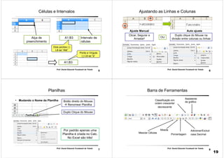 5
Prof. Daniel Eduardo Funabashi de Toledo
Células e Intervalos
Alça de
preenchimento
Intervalo de
células
A1:B3
A1;B3
Dois pontos (:)
Lê-se “Até”
Ponto e Vírgula
(;) Lê-se “e”
6
Prof. Daniel Eduardo Funabashi de Toledo
Ajustando as Linhas e Colunas
Auto ajuste
Duplo clique do Mouse na
divisão entre colunas ou linhas
Clicar, Segurar e
Arrastar!
Ajuste Manual
OU
7
Prof. Daniel Eduardo Funabashi de Toledo
Planilhas
• Mudando o Nome da Planilha Botão direito do Mouse
 Renomear Planilha
Duplo Clique do Mouse
Por padrão apenas uma
Planilha é criada no Calc.
No Excel são três!
8
Prof. Daniel Eduardo Funabashi de Toledo
Barra de Ferramentas
Mesclar Células
Classificação em
ordem crescente/
decrescente
Assistente
de gráfico
Moeda
Porcentagem
Adicionar/Excluir
casa Decimal
19
 