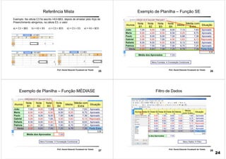 25
Prof. Daniel Eduardo Funabashi de Toledo
Referência Mista
Exemplo: Na célula C3 foi escrito =A3+$B3, depois de arrastar pela Alça de
Preenchimento atingimos, na célula E3, o valor:
a) = C3 + $B3 b) = A3 + B3 c) = C3 + $D3 d) = C3 + D3 e) = A3 + $D3
26
Prof. Daniel Eduardo Funabashi de Toledo
Exemplo de Planilha – Função SE
Menu Formatar  Formatação Condicional
=SE(G2>=6,75;"Aprovado";"Reprovado")
27
Prof. Daniel Eduardo Funabashi de Toledo
Exemplo de Planilha – Função MÉDIASE
Menu Formatar  Formatação Condicional
=MÉDIASE(H2:H7;"Aprovado";G2:G7)
28
Prof. Daniel Eduardo Funabashi de Toledo
Filtro de Dados
Menu Dados  Filtro
24
 