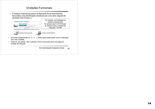 17
Prof. Daniel Eduardo Funabashi de Toledo
Unidades Funcionais
• O Sistema Operacional atribui as Memórias de Armazenamento
Secundário uma identificação constituída por uma Letra, seguida do
caractere Dois Pontos (:)
Por Padrão, na Instalação do
Sistema Operacional
C: sempre será o HD Principal
A: sempre será a unidade de
Disquete 1.44 MB
• As Letras subseqüentes (D:, E:, F:...), serão adicionadas assim que for detectada
uma nova Unidade.
• A letra B: por padrão, não é utilizada. Ela era reservada para uma segunda
unidade de Disquete.
14
 